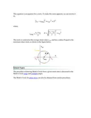This equation is an equation for a circle. To make this more apparent, we can rewrite it
as,
where,
The circle is centered at the average strain value εAvg, and has a radius R equal to the
maximum shear strain, as shown in the figure below,
Related Topics
The procedure of drawing Mohr's Circle from a given strain state is discussed in the
Mohr's Circle usage and examples pages.
The Mohr's Circle for plane stress can also be obtained from similar procedures.
 