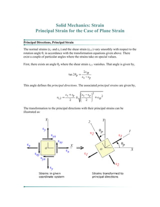 Solid Mechanics: Strain
Principal Strain for the Case of Plane Strain
Principal Directions, Principal Strain
The normal strains (εx' and εy') and the shear strain (εx'y') vary smoothly with respect to the
rotation angle θ, in accordance with the transformation equations given above. There
exist a couple of particular angles where the strains take on special values.
First, there exists an angle θp where the shear strain εx'y' vanishes. That angle is given by,
This angle defines the principal directions. The associated principal strains are given by,
The transformation to the principal directions with their principal strains can be
illustrated as:
 