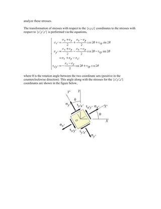 analyze these stresses.
The transformation of stresses with respect to the {x,y,z} coordinates to the stresses with
respect to {x',y',z'} is performed via the equations,
where θ is the rotation angle between the two coordinate sets (positive in the
counterclockwise direction). This angle along with the stresses for the {x',y',z'}
coordinates are shown in the figure below,
 