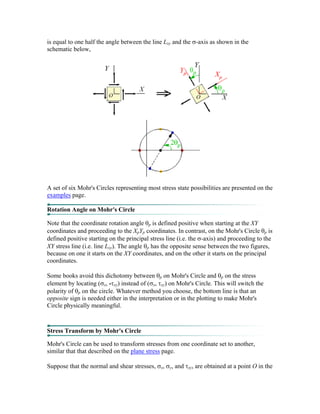 is equal to one half the angle between the line Lxy and the σ-axis as shown in the
schematic below,
A set of six Mohr's Circles representing most stress state possibilities are presented on the
examples page.
Rotation Angle on Mohr's Circle
Note that the coordinate rotation angle θp is defined positive when starting at the XY
coordinates and proceeding to the XpYp coordinates. In contrast, on the Mohr's Circle θp is
defined positive starting on the principal stress line (i.e. the σ-axis) and proceeding to the
XY stress line (i.e. line Lxy). The angle θp has the opposite sense between the two figures,
because on one it starts on the XY coordinates, and on the other it starts on the principal
coordinates.
Some books avoid this dichotomy between θp on Mohr's Circle and θp on the stress
element by locating (σx, -τxy) instead of (σx, τxy) on Mohr's Circle. This will switch the
polarity of θp on the circle. Whatever method you choose, the bottom line is that an
opposite sign is needed either in the interpretation or in the plotting to make Mohr's
Circle physically meaningful.
Stress Transform by Mohr's Circle
Mohr's Circle can be used to transform stresses from one coordinate set to another,
similar that that described on the plane stress page.
Suppose that the normal and shear stresses, σx, σy, and τxy, are obtained at a point O in the
 
