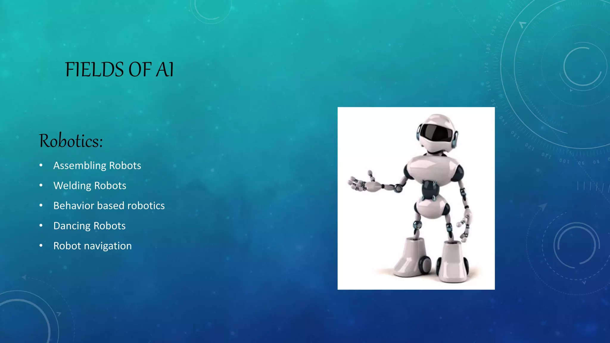 FIELDS OF AI
Robotics:
• Assembling Robots
• Welding Robots
• Behavior based robotics
• Dancing Robots
• Robot navigation
 