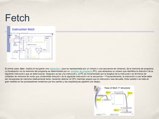 Fetch
El primer paso, leer, implica el recuperar una instrucció n, (que es representada por un número o una secuencia de números), de la memoria de programa.
La localizació n en la memoria del programa es determinada por un contador de programa (PC), que almacena un número que identifica la direcció n de la
siguiente instrucció n que se debe buscar. Después se lee una instrucció n, el PC es incrementado por la longitud de la instrucció n en términos de
unidades de memoria de modo que contendrála direcció n de la siguiente instrucció n en la secuencia.nota 3
Frecuentemente, la instrucció n a ser leída debe
ser recuperada de memoria relativamente lenta, haciendo detener al CPU mientras espera que la instrucció n sea devuelta. Esta cuestió n se trata en
gran medida en los procesadores modernos por los cachés y las arquitecturas pipeline (ver abajo).
 
