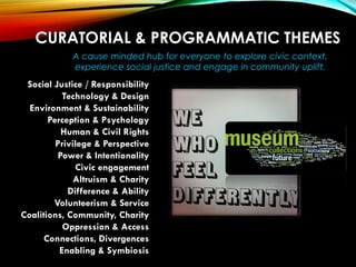 CURATORIAL & PROGRAMMATIC THEMES
Decorative Arts Center of Ohio, Lancaster
Social Justice / Responsibility
Technology & Design
Environment & Sustainability
Perception & Psychology
Human & Civil Rights
Privilege & Perspective
Power & Intentionality
Civic engagement
Altruism & Charity
Difference & Ability
Volunteerism & Service
Coalitions, Community, Charity
Oppression & Access
Connections, Divergences
Enabling & Symbiosis
A cause minded hub for everyone to explore civic context,
experience social justice and engage in community uplift.
 