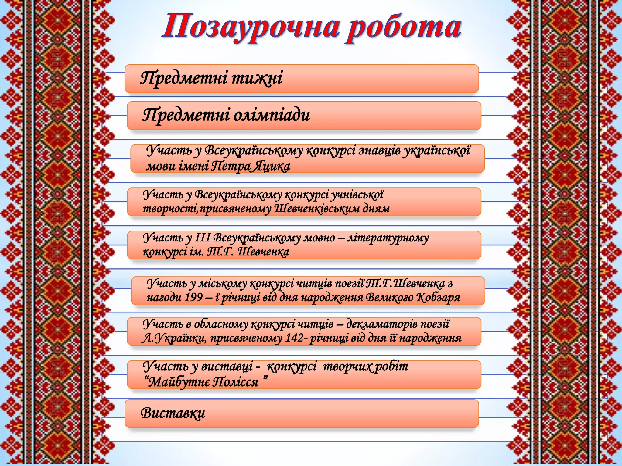 Предметні тижні
Предметні олімпіади
Участь у Всеукраїнському конкурсі знавців української
мови імені Петра Яцика
Участь у Всеукраїнському конкурсі учнівської
творчості,присвяченому Шевченківським дням
Участь у ІІІ Всеукраїнському мовно – літературному
конкурсі ім. Т.Г. Шевченка
Участь у міському конкурсі читців поезії Т.Г.Шевченка з
нагоди 199 – ї річниці від дня народження Великого Кобзаря
Участь в обласному конкурсі читців – декламаторів поезії
Л.Українки, присвяченому 142- річниці від дня її народження
Участь у виставці - конкурсі творчих робіт
“Майбутнє Полісся ”
Виставки
 