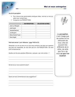 Moi et mon entreprise
La perception,
c’est l'image que
les autres ont ou
véhiculent de
nous; elle est
souvent très
différente de la
nôtre, de celle
que l'on a de
nous ou que l'on
voudrait.
Jeu de la perception
6. Pour chacune des personnalités artistiques citées, inscrivez un mot qui,
selon vous, la décrit bien.
7. Comparons nos PERCEPTIONS.
MA PERCEPTION CELLES DES AUTRES
Jean-Luc Mongrain
Julie Snyder
Jeanette Bertrand
Les Bougons
Marie-Chantal Toupin
René Angelil
Petit test amical ! (voir référence : page 19-20 et 21)
Demander à un de vos amis en qui vous avez confiance, tant dans son jugement
que dans son impartialité, de vous faire part de « SA PERCEPTION » de votre
profil entrepreneurial.
Quelles sont les plus grandes différences « perçues » par votre ami(e)…?
Qu'est-ce qui vous surprend le plus?
Quels sont ses commentaires et ses suggestions?
 