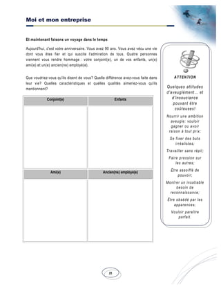 Moi et mon entreprise
25
ATTENTION
Quelques attitudes
d'aveuglément… et
d'insouciance
pouvant être
coûteuses!
Nourrir une ambition
aveugle: vouloir
gagner ou avoir
raison à tout prix;
Se fixer des buts
irréalistes;
Travailler sans répit;
Faire pression sur
les autres;
Être assoiffé de
pouvoir;
Montrer un insatiable
besoin de
reconnaissance;
Être obsédé par les
apparences;
Vouloir paraître
parfait.
Et maintenant faisons un voyage dans le temps
Aujourd'hui, c'est votre anniversaire. Vous avez 90 ans. Vous avez vécu une vie
dont vous êtes fier et qui suscite l'admiration de tous. Quatre personnes
viennent vous rendre hommage : votre conjoint(e), un de vos enfants, un(e)
ami(e) et un(e) ancien(ne) employé(e).
Que voudriez-vous qu'ils disent de vous? Quelle différence avez-vous faite dans
leur vie? Quelles caractéristiques et quelles qualités aimeriez-vous qu'ils
mentionnent?
Conjoint(e) Enfants
Ami(e) Ancien(ne) employé(e)
 