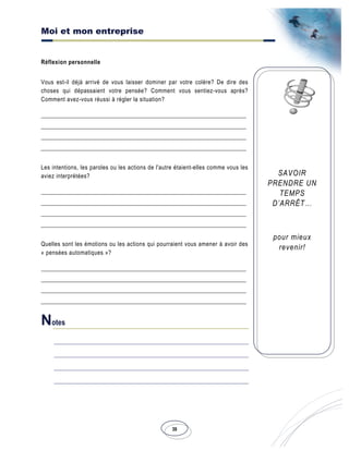 Moi et mon entreprise
39
SAVOIR
PRENDRE UN
TEMPS
D’ARRÊT…
pour mieux
revenir!
Réflexion personnelle
Vous est-il déjà arrivé de vous laisser dominer par votre colère? De dire des
choses qui dépassaient votre pensée? Comment vous sentiez-vous après?
Comment avez-vous réussi à régler la situation?
Les intentions, les paroles ou les actions de l'autre étaient-elles comme vous les
aviez interprétées?
Quelles sont les émotions ou les actions qui pourraient vous amener à avoir des
« pensées automatiques »?
Notes
 