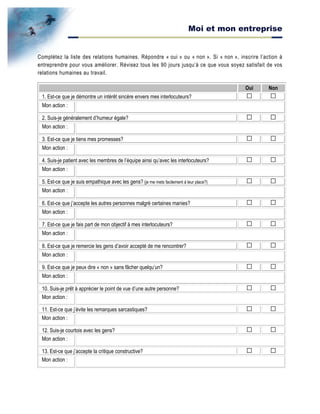 Moi et mon entreprise
Complétez la liste des relations humaines. Répondre « oui » ou « non ». Si « non », inscrire l’action à
entreprendre pour vous améliorer. Révisez tous les 90 jours jusqu’à ce que vous soyez satisfait de vos
relations humaines au travail.
Oui Non
1. Est-ce que je démontre un intérêt sincère envers mes interlocuteurs?
Mon action :
2. Suis-je généralement d’humeur égale?
Mon action :
3. Est-ce que je tiens mes promesses?
Mon action :
4. Suis-je patient avec les membres de l’équipe ainsi qu’avec les interlocuteurs?
Mon action :
5. Est-ce que je suis empathique avec les gens? (je me mets facilement à leur place?)
Mon action :
6. Est-ce que j’accepte les autres personnes malgré certaines manies?
Mon action :
7. Est-ce que je fais part de mon objectif à mes interlocuteurs?
Mon action :
8. Est-ce que je remercie les gens d’avoir accepté de me rencontrer?
Mon action :
9. Est-ce que je peux dire « non » sans fâcher quelqu’un?
Mon action :
10. Suis-je prêt à apprécier le point de vue d’une autre personne?
Mon action :
11. Est-ce que j’évite les remarques sarcastiques?
Mon action :
12. Suis-je courtois avec les gens?
Mon action :
13. Est-ce que j’accepte la critique constructive?
Mon action :
 