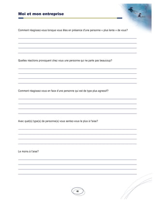 Moi et mon entreprise
49
Comment réagissez-vous lorsque vous êtes en présence d'une personne « plus lente » de vous?
Quelles réactions provoquent chez vous une personne qui ne parle pas beaucoup?
Comment réagissez-vous en face d’une personne qui est de type plus agressif?
Avec quel(s) type(s) de personne(s) vous sentez-vous le plus à l'aise?
Le moins à l'aise?
 