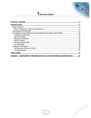 7
Table des matières
PLAN DE L’ATELIER ...................................................................................................................................9
INTRODUCTION.........................................................................................................................................11
Savoir s'entourer…..................................................................................................................................13
Naît-on entrepreneur ou devient-on entrepreneur?.............................................................................................15
Les aptitudes et les attitudes ...................................................................................................................21
Les exigences de la profession et la sauvegarde de ses valeurs personnelles.......................................26
L’intelligence émotionnelle ..................................................................................................................................28
Gérer ses émotions.............................................................................................................................................37
Résoudre les problèmes .....................................................................................................................................44
Mériter le respect!................................................................................................................................................45
Les types de personnalité ...................................................................................................................................48
Les quatre styles.................................................................................................................................................50
L’éthique et l’entreprise............................................................................................................................54
Les facteurs qui influencent l’éthique ..................................................................................................................56
Les consommateurs… ........................................................................................................................................60
CONCLUSION ............................................................................................................................................61
ANNEXE I – COMPLÉMENT D’INFORMATION POUR LES ENTREPRISES COOPÉRATIVES..............63
 
