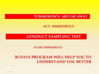 TOMMOROW’S ARE FAR AWAY


                         ACT IMMEDIETLY


                  CONDUCT SAMPLING TEST

                    START IMMEDIETLY


             30 DAYS PROGRAM WILL HELP YOU TO
                       UNDERSTAND YOU BETTER

12/13/2011                                      8
 