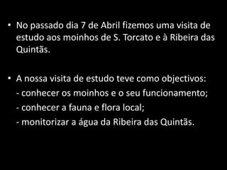 No passado dia 7 de Abril fizemos uma visita de estudo aos moinhos de S. Torcato e à Ribeira das Quintãs.A nossa visita de estudo teve como objectivos: 	- conhecer os moinhos e o seu funcionamento;	- conhecer a fauna e flora local;	- monitorizar a água da Ribeira das Quintãs.