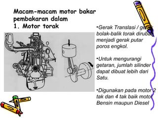 Macam-macam motor bakar
pembakaran dalam
1. Motor torak •Gerak Translasi / gerak
bolak-balik torak dirubah
menjadi gerak putar
poros engkol.
•Untuk mengurangi
getaran, jumlah silinder
dapat dibuat lebih dari
Satu.
•Digunakan pada motor 2
tak dan 4 tak baik motor
Bensin maupun Diesel
 