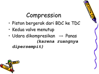 Compression
• Piston bergerak dari BDC ke TDC
• Kedua valve menutup
• Udara dikompresikan Panas
(karena ruangnya
dipersempit)
 