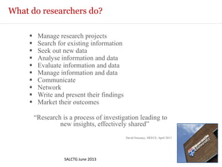 What do researchers do?
 Manage research projects
 Search for existing information
 Seek out new data
 Analyse information and data
 Evaluate information and data
 Manage information and data
 Communicate
 Network
 Write and present their findings
 Market their outcomes
“Research is a process of investigation leading to
new insights, effectively shared”
David Sweeney, HEFCE, April 2013
SALCTG June 2013
 