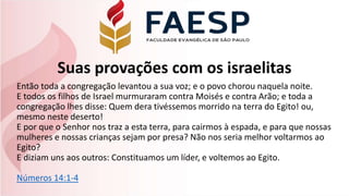 Suas provações com os israelitas
Então toda a congregação levantou a sua voz; e o povo chorou naquela noite.
E todos os filhos de Israel murmuraram contra Moisés e contra Arão; e toda a
congregação lhes disse: Quem dera tivéssemos morrido na terra do Egito! ou,
mesmo neste deserto!
E por que o Senhor nos traz a esta terra, para cairmos à espada, e para que nossas
mulheres e nossas crianças sejam por presa? Não nos seria melhor voltarmos ao
Egito?
E diziam uns aos outros: Constituamos um líder, e voltemos ao Egito.
Números 14:1-4
 