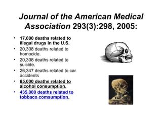 Journal of the American Medical
Association 293(3):298, 2005:
• 17,000 deaths related to
illegal drugs in the U.S.
• 20,30...