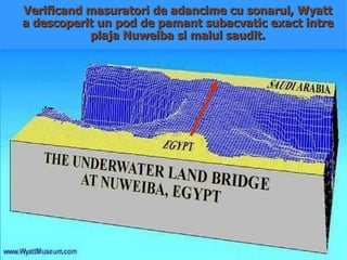Verificand masuratori de adancime cu sonarul, Wyatt a descoperit un pod de pamant subacvatic exact intre plaja Nuweiba si malul saudit. 