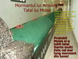 Probabil Moise si-a iubit tatal foarte mult! Este cel mai lung mormant din lume! Mormantul lui Amram,  Tatal lui Moise Exod 6:20 “Amram insa a luat de femeie pe Iochebed, fata unchiului sau, si aceasta i-a nascut pe Aaron si pe Moise, precum si pe Mariam, sora lor. Iar anii vietii lui Amram au fost o suta treizeci si sapte de ani.” 