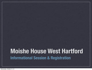 Moishe House West Hartford
Informational Session & Registration
Wednesday, October 10, 12
 