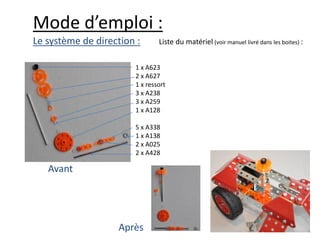 Mode d’emploi :
Le système de direction :      Liste du matériel (voir manuel livré dans les boites) :


                       1 x A623
                       2 x A627
                       1 x ressort
                       3 x A238
                       3 x A259
                       1 x A128

                       5 x A338
                       1 x A138
                       2 x A025
                       2 x A428

   Avant




                   Après
 