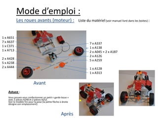 Mode d’emploi :
           Les roues avants (moteur) :                            Liste du matériel (voir manuel livré dans les boites) :



1 x A651
7 x A637                                                                  7 x A337
1 x C371                                                                  1 x A138
1 x A713                                                                  2 x A045 + 2 x A187
                                                                          2 x A126
2 x A428                                                                  5 x A259
5 x A238
2 x A444                                                                  1 x A128
                                                                          1 x A313


                            Avant
    Astuce :
    Vous pouvez vous confectionner un petit « garde-boue »
    avec 2 pièces A248 et 2 pièces A252.
    Voir le modèle fini pour la pose (la petite flèche à droite
    désigne son emplacement).



                                                       Après
 