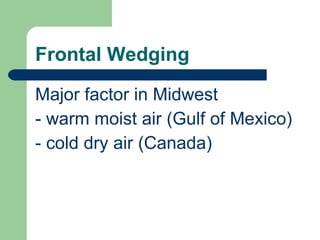 Frontal Wedging Major factor in Midwest - warm moist air (Gulf of Mexico) - cold dry air (Canada) 