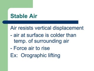 Stable Air Air resists vertical displacement - air at surface is colder than temp. of surrounding air - Force air to rise Ex:  Orographic lifting 