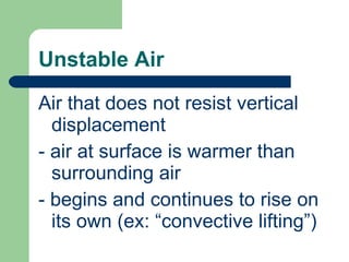 Unstable Air Air that does not resist vertical displacement - air at surface is warmer than surrounding air - begins and continues to rise on its own (ex: “convective lifting”) 