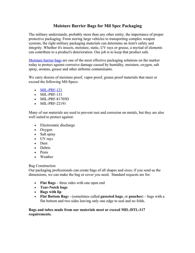 Moisture Barrier Bags for Mil Spec Packaging PDF
