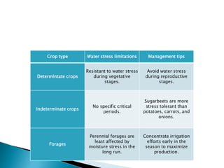Crop type Water stress limitations Management tips 
Table. Crop selection for water stress management. 
Determintate crops 
Resistant to water stress 
during vegetative 
stages. 
Avoid water stress 
during reproductive 
stages. 
Indeterminate crops 
No specific critical 
periods. 
Sugarbeets are more 
stress tolerant than 
potatoes, carrots, and 
onions. 
Forages 
Perennial forages are 
least affected by 
moisture stress in the 
long run. 
Concentrate irrigation 
efforts early in the 
season to maximize 
production. 
 