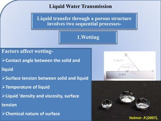 Liquid Water Transmission
Liquid transfer through a porous structure
involves two sequential processes-
1.Wetting
Factors ...