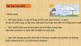 Tác hại của SO2
• Mưa acid
• Kết hợp với bụi => bụi lơ lửng có tính axít, kích thước < 2-3µm
sẽ vào tới phế nang, bị đại thực bào phá hủy hoặc đưa đến hệ thống bạch huyế
• SO2 nhiễm độc qua da làm giảm dự trữ kiềm trong máu,
đào thải amoniac ra nước tiểu và kiềm ra nước bọt.
• Độc tính chung của SO2 thể hiện ở rối loạn chuyển hóa protein và đường,
thiếu vitamin B và C, ức chế enzym oxydaza.
 