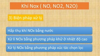 Hấp thụ khí NOx bằng nước
Xử lí NOx bằng phương pháp khử ở nhiệt độ cao
Xử lý NOx bằng phương pháp xúc tác chọn lọc
3) Biện pháp xử lý
Khí Nox ( NO, NO2, N2O)
 