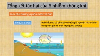 Tổng kết tác hại của ô nhiễm không khí
Làm phú dưỡng nguồn nước và đất
2) Nguyên nhân Hai chất nitơ và phospho thường là nguyên nhân chính
trong việc gây ra hiện tượng phú dưỡng
 