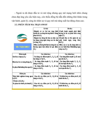 - Ngoài ra dù được đầu tư và mở rộng nhưng quy mô mạng lưới nhìn chung
chưa đáp ứng yêu cầu hiện nay, còn thiếu đồng bộ dẫn đến những khó khăn trong
vận hành, quản lý; cùng do nhân sự và quy mô mà năng suất lao động chưa cao;
   3.3. PHÂN TÍCH MA TRẬN SWOT
 