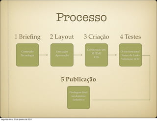 Processo
               1 Brieﬁng               2 Layout               3 Criação         4 Testes
                                                                Construção em
                       Conteúdo         Execução                                O site funciona?
                                                                  XHTML
                       Tecnologia       Aprovação                               Testes de Links
                                                                     CSS
                                                                                Validação W3C




                                           5 Publicação
                                                    Postagem ﬁnal
                                                     no domínio
                                                      deﬁnitivo




segunda-feira, 31 de janeiro de 2011
 