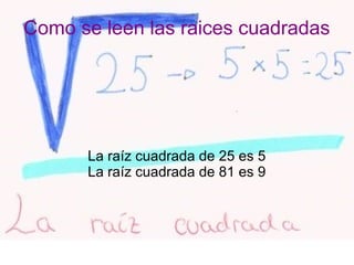 Como se leen las raices cuadradas 
La raíz cuadrada de 25 es 5 
La raíz cuadrada de 81 es 9 
 