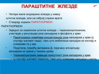ПАРАШТИТНЕ ЖЛЕЗДЕ
• Четири мале ендокрине жлезде у нивоу
штитне жлезде, али на леђној страни врата
• Стварају хормон ПАРАТХОРМОН
ПАРАТХОРМОН
• Заједно са хормоном штитне жлезде – тиреокалцитонином,
учествује у регулацији јона калцијума и фосфата у крви
• Паратхормон повећава концентрацију јона калцијума у крви (у
случају његовог пада), тако што мобилише калцијум из костију и
усмерава га у крв
• Подстиче, помоћу витамина Д, појачану апсорпцију
калцијума из хране у танком цреву
• Тиреокалцитонин смањује присутност јона калцијума у крви
• (у случају његовог пораста), тако што усмерава калцијум у кости.
 