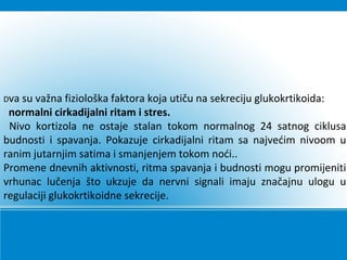 Dva su važna fiziološka faktora koja utiču na sekreciju glukokrtikoida:
normalni cirkadijalni ritam i stres.
Nivo kortizola ne ostaje stalan tokom normalnog 24 satnog ciklusa
budnosti i spavanja. Pokazuje cirkadijalni ritam sa najvećim nivoom u
ranim jutarnjim satima i smanjenjem tokom noći..
Promene dnevnih aktivnosti, ritma spavanja i budnosti mogu promijeniti
vrhunac lučenja što ukzuje da nervni signali imaju značajnu ulogu u
regulaciji glukokrtikoidne sekrecije.
 