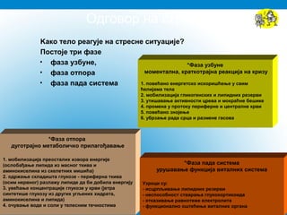 Oдговор на стрес
Kако тело реагује на стресне ситуације?
Постоје три фазе
• фаза узбуне,
• фаза отпора
• фаза пада система
*Фаза узбуне
моментална, краткотрајна реакција на кризу
1. повећано енергетско искоришћење у свим
ћелијама тела
2. мобилизација гликогенских и липидних резерви
3. утишавање активности црева и мокраћне бешике
4. промена у протоку периферне и централне крви
5. повећано знојење
6. убрзање рада срца и размене гасова
*Фаза отпора
дуготрајнo метаболичкo прилагођавање
1. мобилизација преосталих извора енергије
(ослобађање липида из масног ткива и
аминокиселина из скелетних мишића)
2. одржање складишта глукозе - периферна ткива
(осим нервног) разлажу липиде да би добила енергију
3. увећање концентрације глукозе у крви (јетра
синтетише глукозу из других угљених хидрата,
аминокиселина и липида)
4. очување воде и соли у телесним течностима
*Фаза пада система
урушавање функција виталних система
Узроци су:
- исцрпљивање липидних резерви
- неспособност стварања глукокортикоида
- отказивање равнотеже електролита
- функционално оштећење виталних органа
 