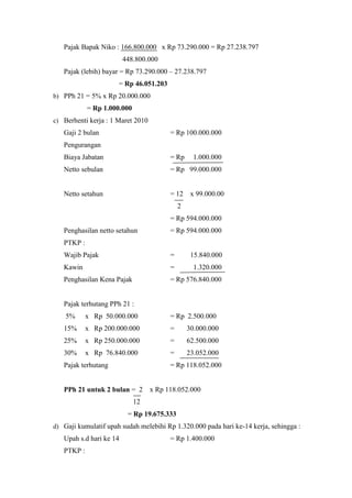 Pajak Bapak Niko : 166.800.000 x Rp 73.290.000 = Rp 27.238.797 
448.800.000 
Pajak (lebih) bayar = Rp 73.290.000 – 27.238.797 
= Rp 46.051.203 
b) PPh 21 = 5% x Rp 20.000.000 
= Rp 1.000.000 
c) Berhenti kerja : 1 Maret 2010 
Gaji 2 bulan = Rp 100.000.000 
Pengurangan 
Biaya Jabatan = Rp 1.000.000 
Netto sebulan = Rp 99.000.000 
Netto setahun = 12 x 99.000.00 
2 
= Rp 594.000.000 
Penghasilan netto setahun = Rp 594.000.000 
PTKP : 
Wajib Pajak = 15.840.000 
Kawin = 1.320.000 
Penghasilan Kena Pajak = Rp 576.840.000 
Pajak terhutang PPh 21 : 
5% x Rp 50.000.000 = Rp 2.500.000 
15% x Rp 200.000.000 = 30.000.000 
25% x Rp 250.000.000 = 62.500.000 
30% x Rp 76.840.000 = 23.052.000 
Pajak terhutang = Rp 118.052.000 
PPh 21 untuk 2 bulan = 2 x Rp 118.052.000 
12 
= Rp 19.675.333 
d) Gaji kumulatif upah sudah melebihi Rp 1.320.000 pada hari ke-14 kerja, sehingga : 
Upah s.d hari ke 14 = Rp 1.400.000 
PTKP : 
 