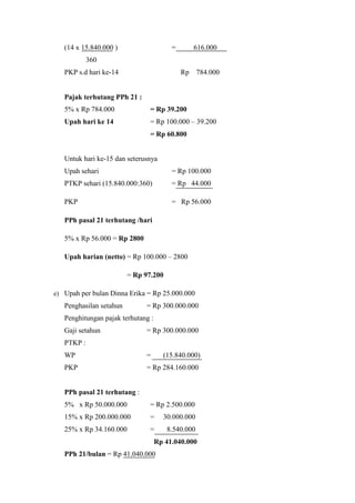 (14 x 15.840.000 ) = 616.000 
360 
PKP s.d hari ke-14 Rp 784.000 
Pajak terhutang PPh 21 : 
5% x Rp 784.000 = Rp 39.200 
Upah hari ke 14 = Rp 100.000 – 39.200 
= Rp 60.800 
Untuk hari ke-15 dan seterusnya 
Upah sehari = Rp 100.000 
PTKP sehari (15.840.000:360) = Rp 44.000 
PKP = Rp 56.000 
PPh pasal 21 terhutang /hari 
5% x Rp 56.000 = Rp 2800 
Upah harian (netto) = Rp 100.000 – 2800 
= Rp 97.200 
e) Upah per bulan Dinna Erika = Rp 25.000.000 
Penghasilan setahun = Rp 300.000.000 
Penghitungan pajak terhutang : 
Gaji setahun = Rp 300.000.000 
PTKP : 
WP = (15.840.000) 
PKP = Rp 284.160.000 
PPh pasal 21 terhutang : 
5% x Rp 50.000.000 = Rp 2.500.000 
15% x Rp 200.000.000 = 30.000.000 
25% x Rp 34.160.000 = 8.540.000 
Rp 41.040.000 
PPh 21/bulan = Rp 41.040.000 
 