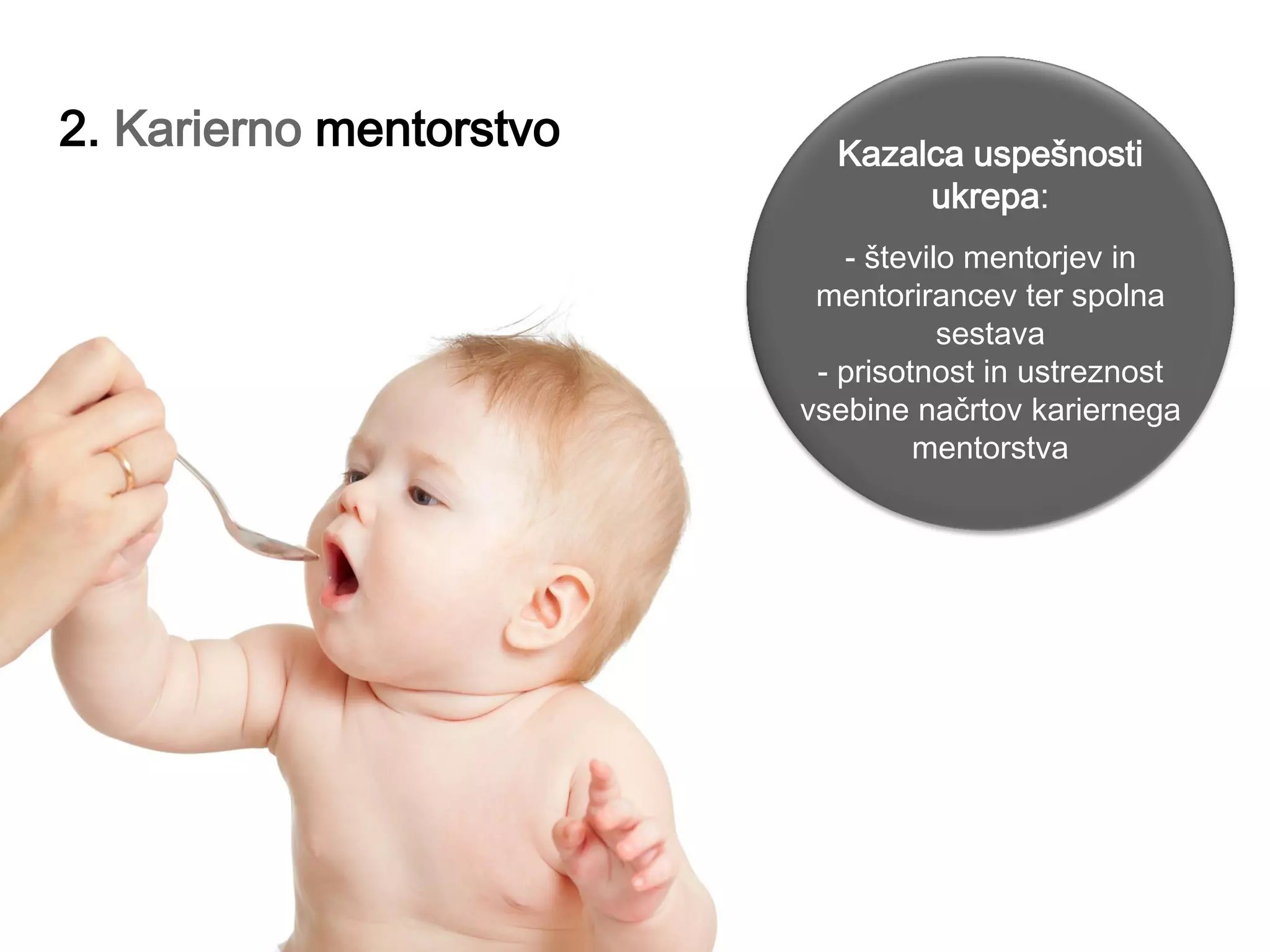 2. Karierno mentorstvo Kazalca uspešnosti
ukrepa:
- število mentorjev in
mentorirancev ter spolna
sestava
- prisotnost in ustreznost
vsebine načrtov kariernega
mentorstva
 