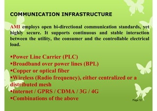 Page 12
AMI employs open bi-directional communication standards, yet
highly secure. It supports continuous and stable interaction
between the utility, the consumer and the controllable electrical
load.
Power Line Carrier (PLC)
Broadband over power lines (BPL)
Copper or optical fiber
Wireless (Radio frequency), either centralized or a
distributed mesh
Internet / GPRS / CDMA / 3G / 4G
Combinations of the above
COMMUNICATION INFRASTRUCTURE
 