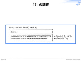文字化け Powered by Rabbit 2.1.6
「?」の調査
mysql> select hex(c) from t;
+------------------------------------------+
| hex(c) |
+------------------------------------------+
| E4BB8AE697A5E381AFF09F8DA3E381A8F09F8DBA | ←ちゃんと入ってる
| E4BB8AE697A5E381AF3F3F3F3FE381A83F3F | ←データが「?」
+------------------------------------------+
 