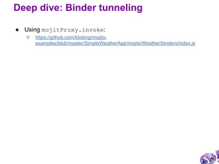 ● Using mojitProxy.invoke:
○ https://github.com/kbsbng/mojito-
examples/blob/master/SimpleWeatherApp/mojits/Weather/binders/index.js
Deep dive: Binder tunneling
 