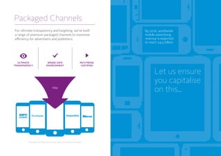Packaged Channels
For ultimate transparency and targeting, we’ve built
a range of premium packaged channels to maximise
efficiency for advertisers and publishers
YOU
Example of Mojiva News and Sports Premium Channel
By 2016, worldwide
mobile advertising
revenue is expected
to reach 24.5 billion
Let us ensure
you capitalise
on this