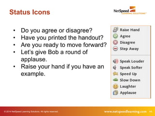 Status Icons 
• Do you agree or disagree? 
• Have you printed the handout? 
• Are you ready to move forward? 
• Let’s give Bob a round of 
applause. 
• Raise your hand if you have an 
example. 
© 2014 NetSpeed Learning Solutions. All rights reserved. 44 
 
