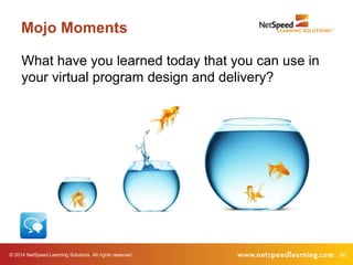 Mojo Moments 
What have you learned today that you can use in 
your virtual program design and delivery? 
© 2014 NetSpeed Learning Solutions. All rights reserved. 60 
 